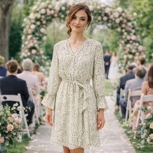 Elegant Cream Leaf Print Dress